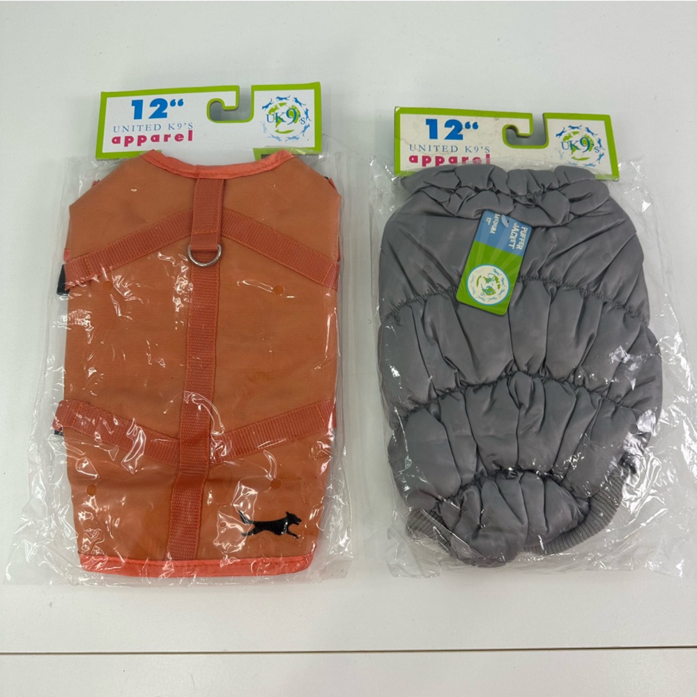 United K9's Lot of Two 12" Dog Coats-Orange Horse Blanket Coat & Gray Puffer